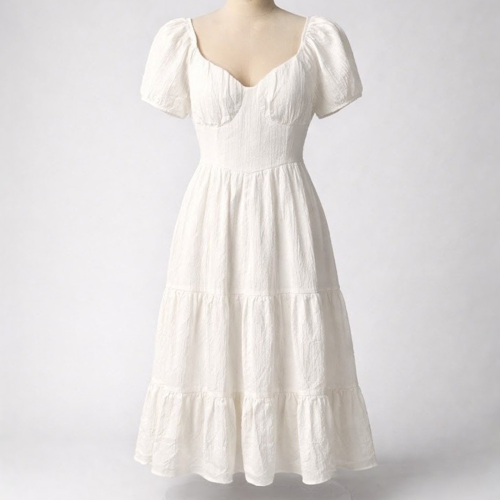 AE Tiered Puff Sleeve Peasant Maxi‎ Dress Size S White Cottagecore Boho Prairie